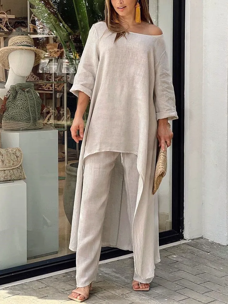 Pant SetsWomen Cotton Linen Long Pants Sets Fashion Casual Irregular Tops Wide Leg Pant Suits Office Lady Two Piece Sets Clothes