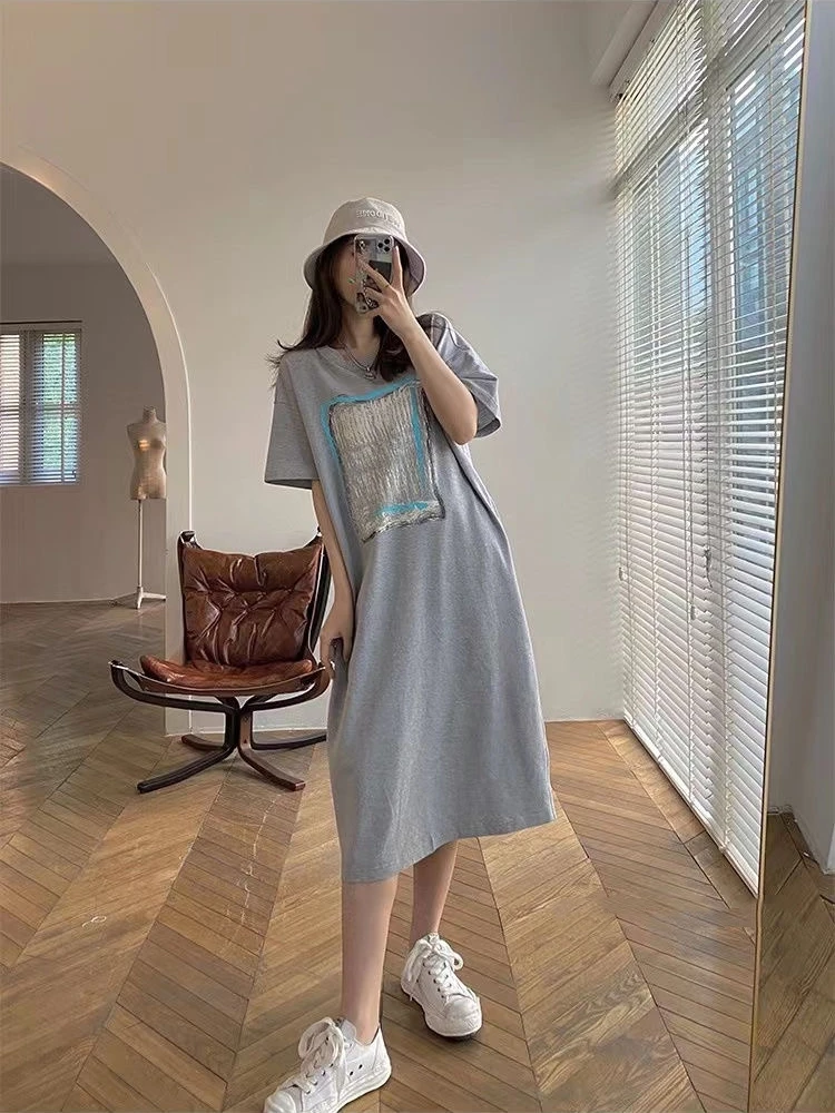 ฤดูร้อนสบายๆเกาหลีแฟชั่นการพิมพ์ Oversize หลวมยาว T เสื้อรอบคอแขนสั้นชุดผู้หญิง Vestido