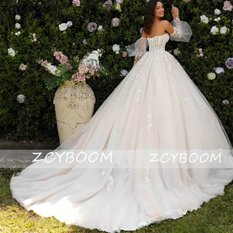 

Customized Elegant 3D Flowers Lace Appliques Puff Sleeves Ball Gown Wedding Dresses 2025 Backless Court Train Tulle Bridal Gowns