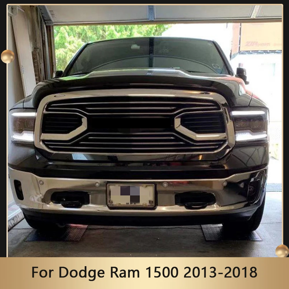 

Car Custom Big Horn Replace Shell Front Grille Bumper Grill Fit For Dodge Ram 1500 2013-2018 With Letters & Lights Upper Grid