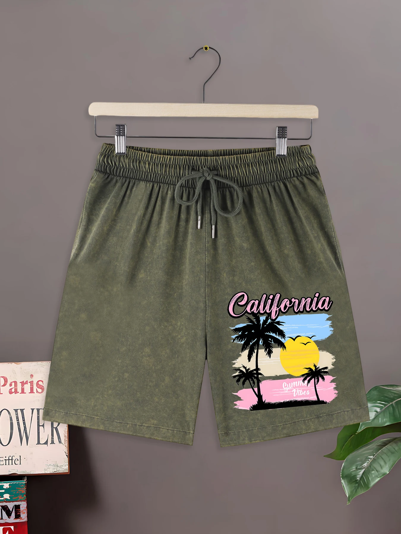 

California Summer Vibes Sunset Coconut Tree Design Male Loose Washed Sportpants Basics Thin Cotton Short Pants Cool Daily Shorts