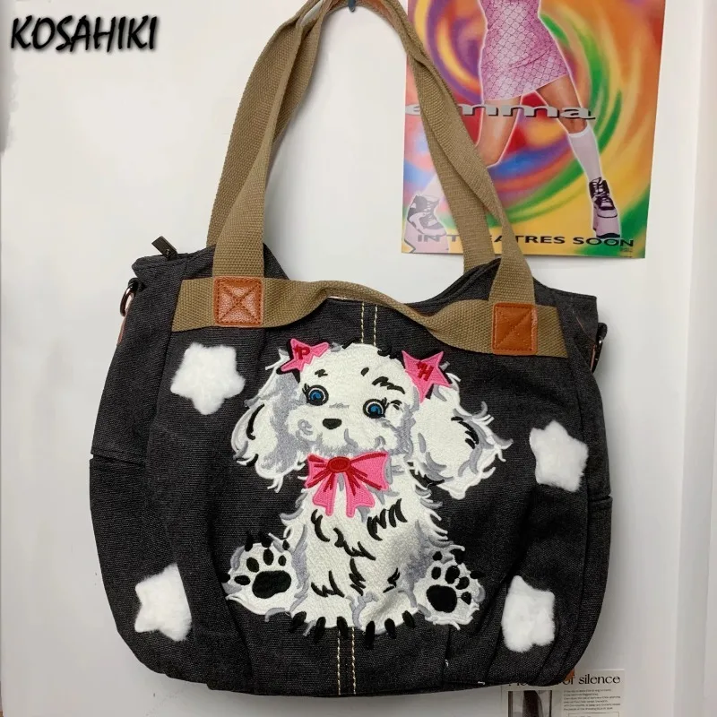 

Модные женские сумки Kawaii Star Dog с милым бантом и вышивкой Y2k, повседневные модные сумки с ручками сверху, винтажная сумка на плечо, подмышки