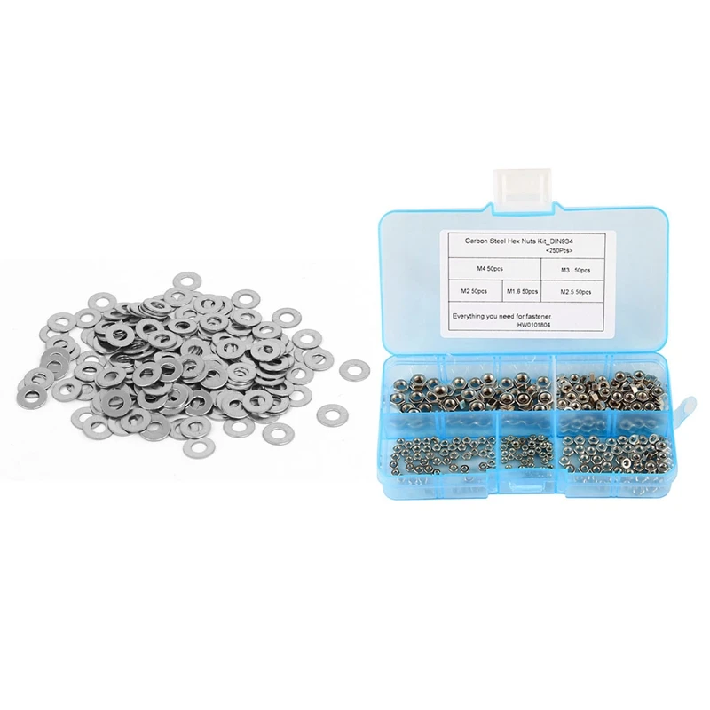 

M2 Stainless Steel Flat Washers Spacers Fastener DIN125 200 PCS With 250 Pcs/Set M1.6 M2 M2.5 M3 M4 Carbon Steel Hex Nut