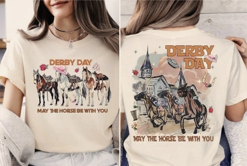Camiseta de algodón de manga corta con diseño 'Que el Caballo Esté Contigo' para el Día del Derby 2026, estilo 'Vibes del Derby' y 'Tiempo del Derby', moda de carreras de caballos