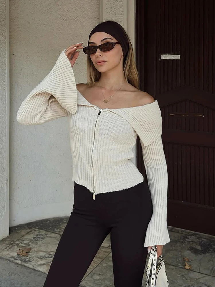 

Elegant White Off-shoulder Zipper Cardigan Women Fashion Flared Sleeves V-neck Slim Short Cardigan Lady Commute Street Knitwear