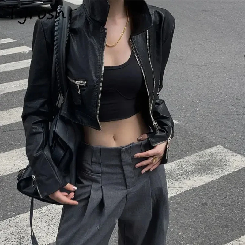 

Crop Leather Jackets Women Zipper Spring Autumn Korean Style Retro Gothic High Street Slim Sexy Fashion Casual Solid Simple Coat