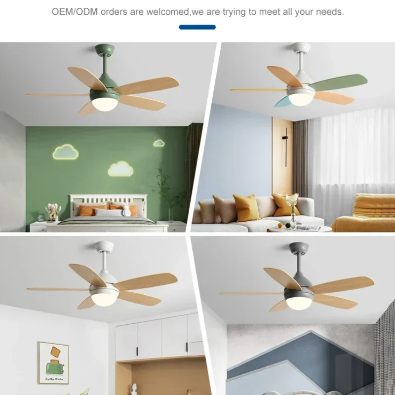 

New 48inch Children Lighting 3 Speed Wind Adjustable LED light with 5 Wood Blades Remote Control ceiling fan Used for bedroom