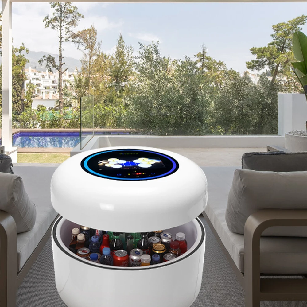 Custom Luxury Round Smart Coffee Table BT Speaker LED Light Big Capacity Hydraulic Lift Top Coffee Table with Refrigerator