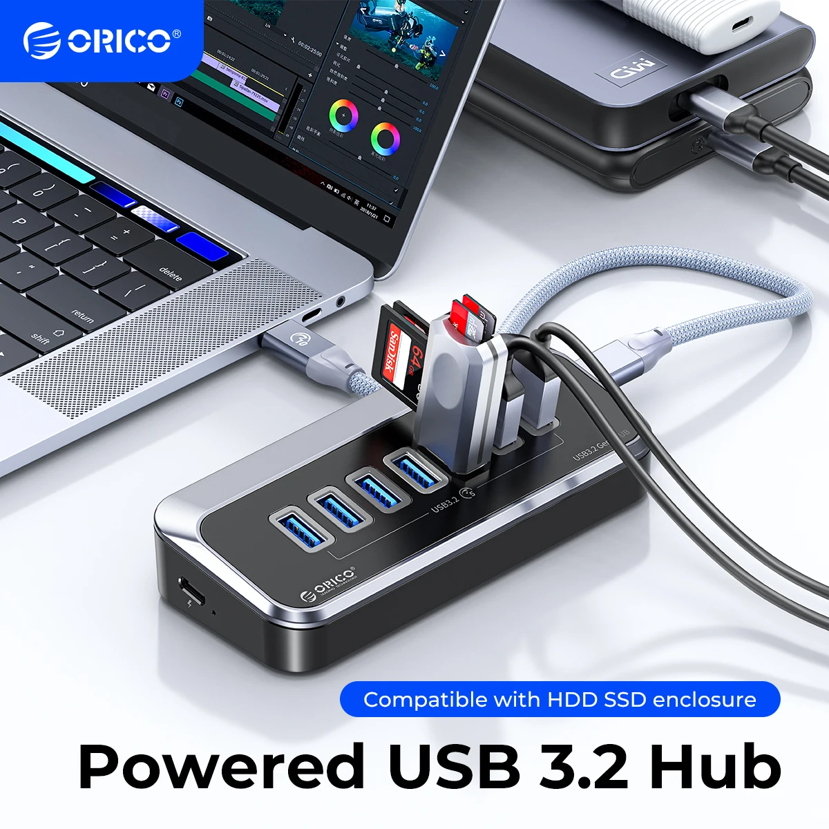 ORICO-concentrador de red alimentada por ABS, 5gbps, PD18W, carga USB 3,2, tipo C, lector de tarjetas, divisor con adaptador de corriente para