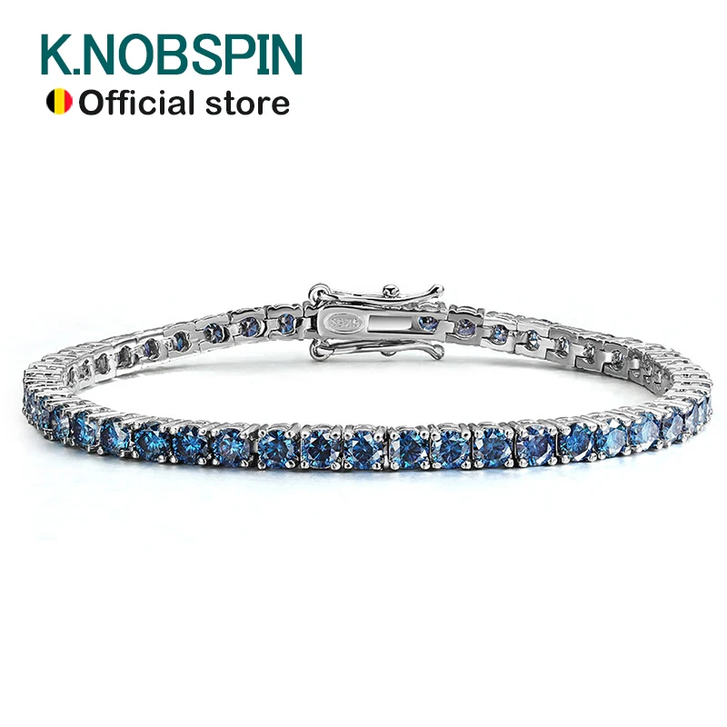 KNOBSPIN Niebieskie bransoletki tenisowe Moissanite dla kobiet Mężczyzna 3mm 4mm Lab Grow Diamond z certyfikatem 925 Posrebrzana bransoletka 18k