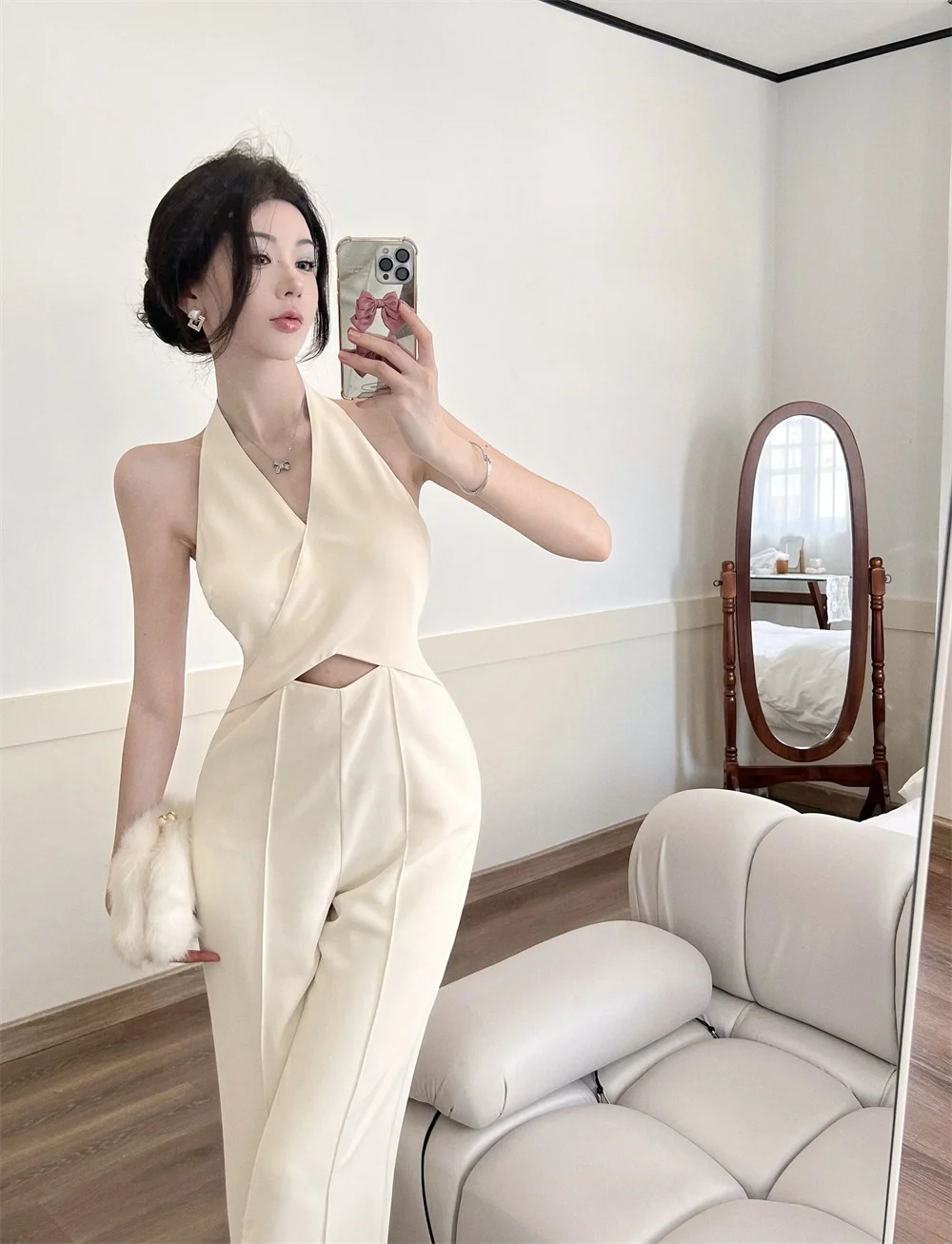 

White Hanging Neck One-Piece Pants for Women Spring Autumn New High-End Pure Desire Atmosphere Inner Wear Shoulder And Waist ...
