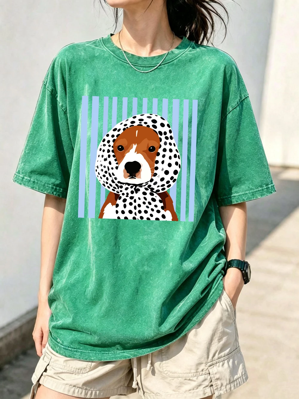 Elizabeth Puppy Cotton Washed T-Shirts Womens Summer Oversized Tops O-Neck Comfortable Distressed Tees Casual Womans Clothes