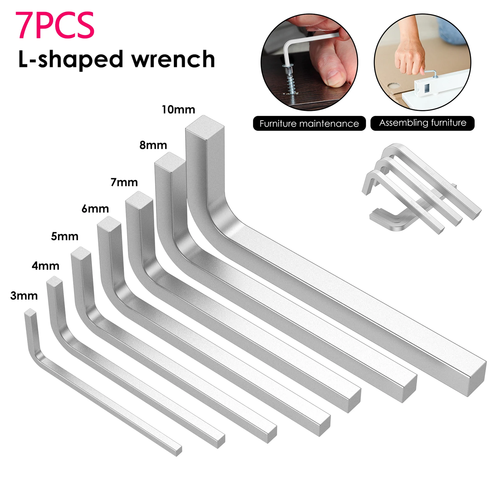 7Pcs L Shape Square Head Wrench Kit 3/4/5/6/7/8/10mm Chrome Vanadium Steel Wrench Screwdriver Hand Repair Tool for Furniture