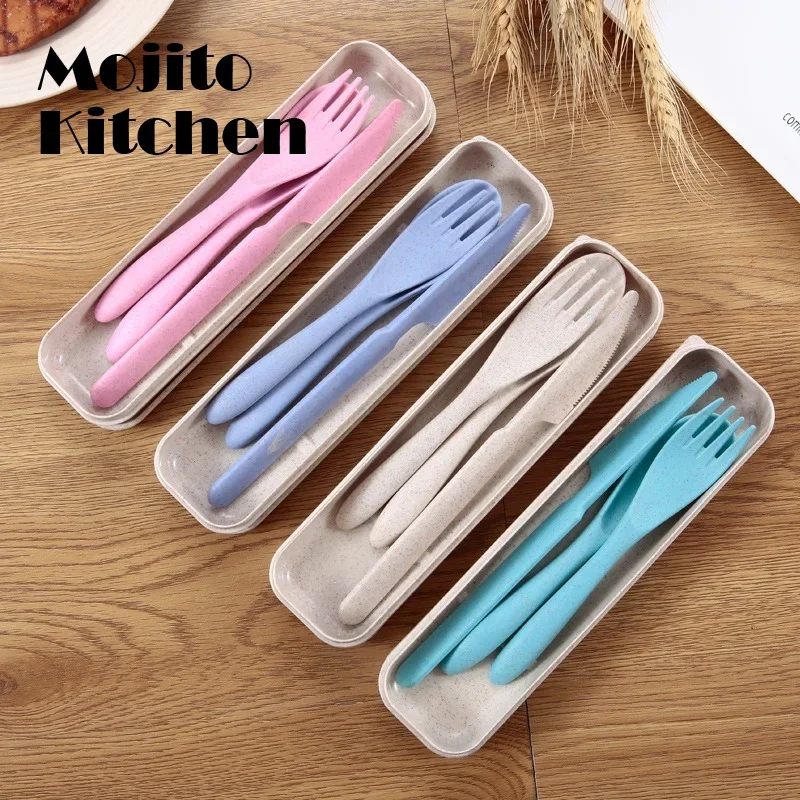 

3Pcs Wheat Straw Dinnerware Set Creative Portable Cutlery Box Knife, Fork Spoon Set Plastic Travel Cutlery Utensil Box Chopstick