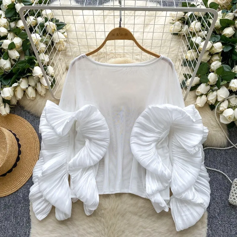 Women's Spring/Summer Top Shirt Ruffles Mesh Retro Simple Comfortable Loose Casual Design Fashion Advanced Soft Niche Versatile