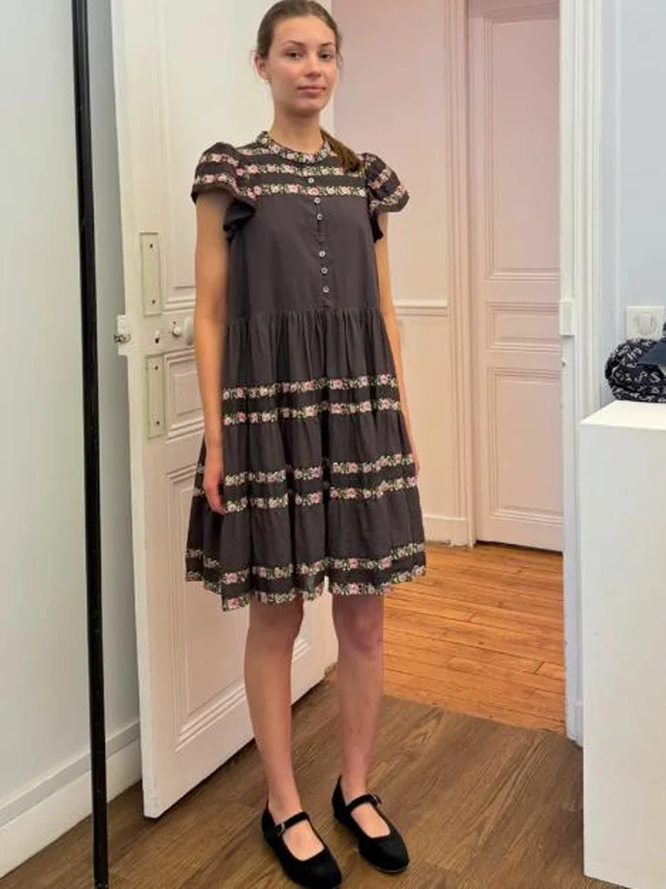 

Sweet Embroidered Loose Fit Ladies Dress with Flyaway Sleeves And Stand Collar Ideal for Commuting Casual Travel And Daily Wear