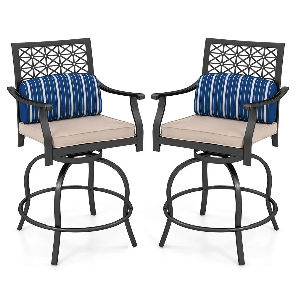 

Outdoor Bar Stools Set of 2, Metal Patio Bar Chairs with Cushion amp Lumbar Pillow, 360 Swivel Counter Height Swivel Outside Ba