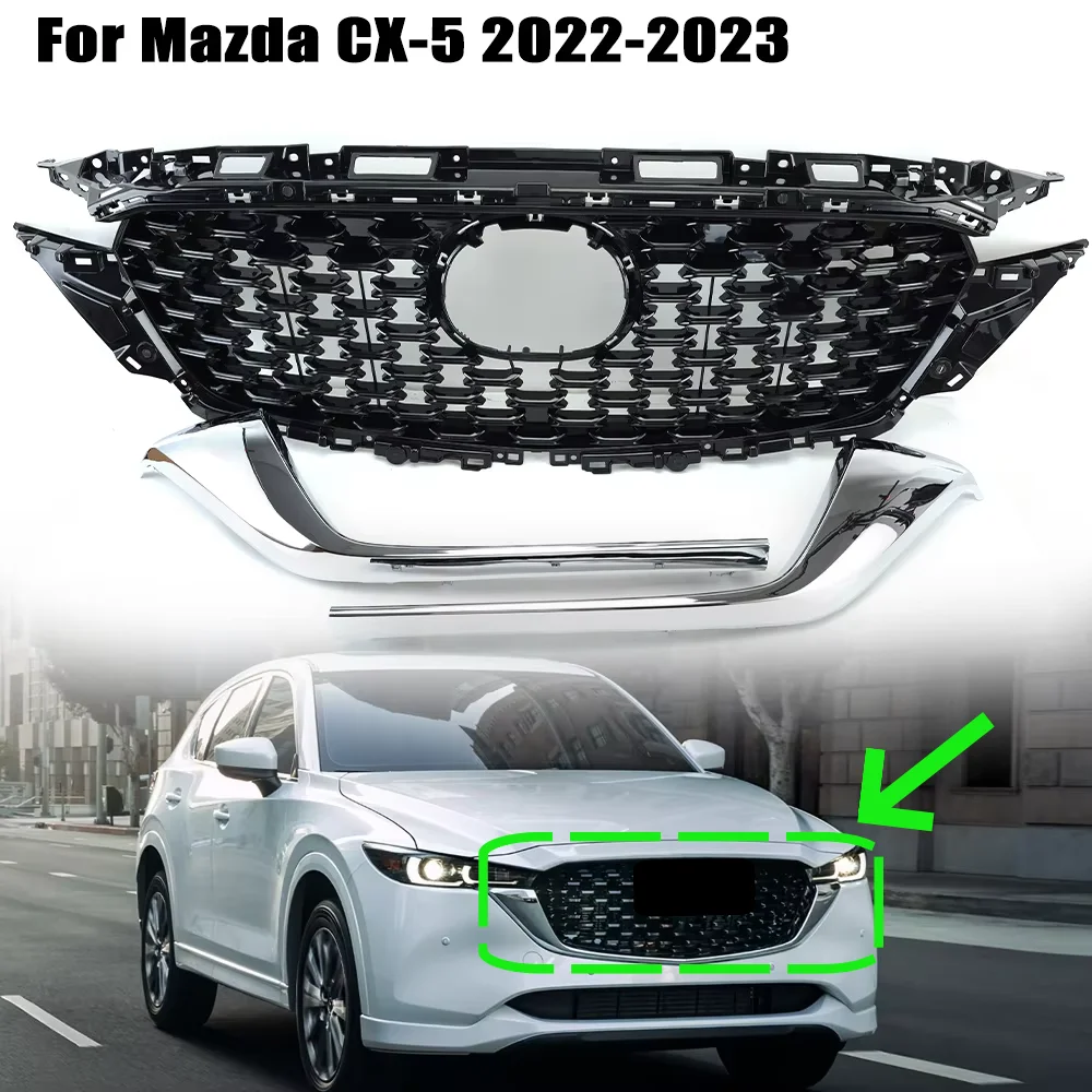 

Front Bumper Upper Grille for Mazda CX5 CX-5 2022 2023 With Chrome Trim radiator grille Racing Grills Car accessories KSD450710A