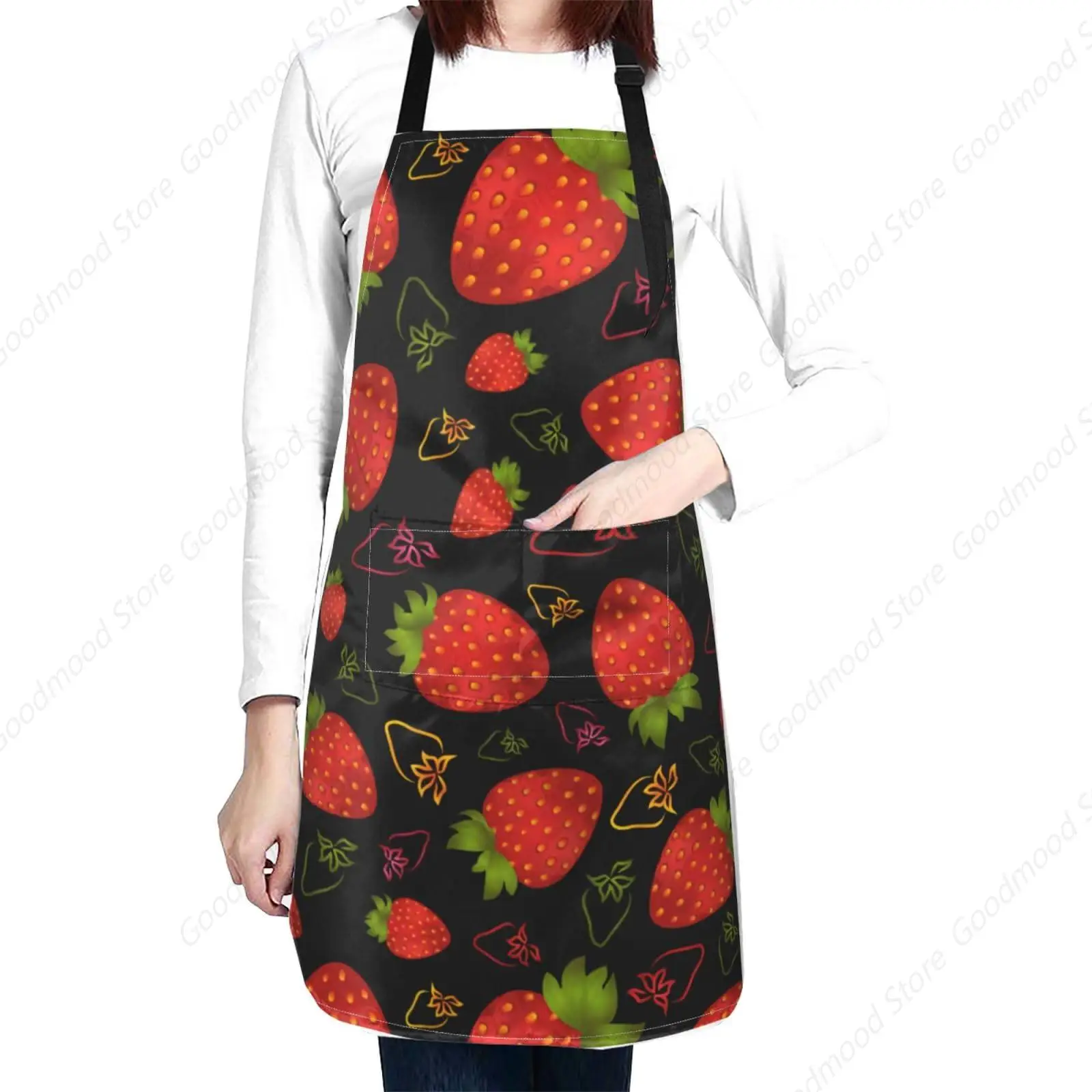 Strawberry Apron Home Kitchen Cooking Baking Gardening Painting Aprons for Women Men With 2 Pockets