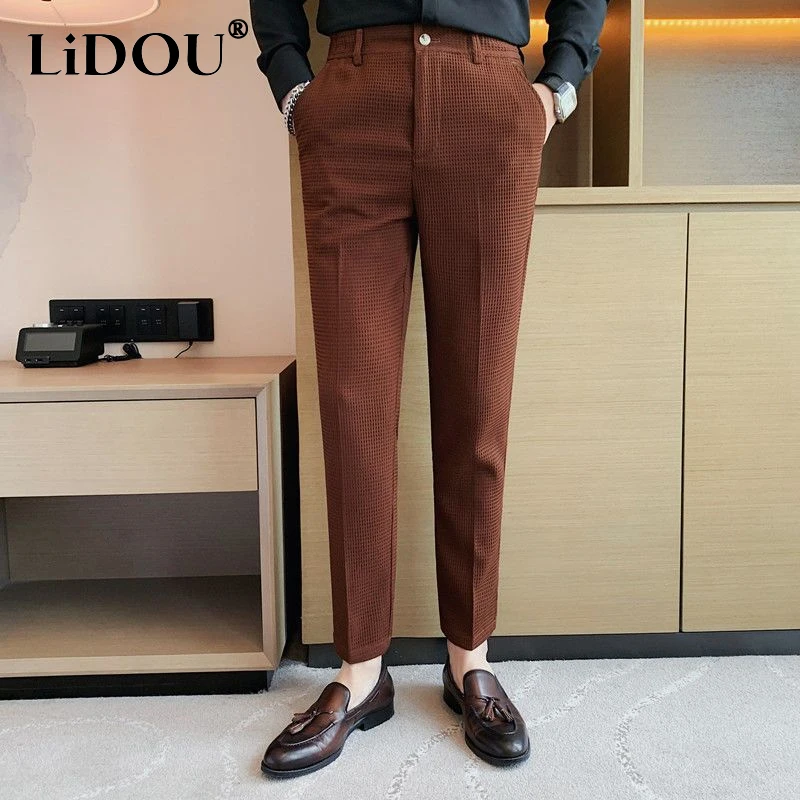 2023 Spring Summer New Men's Clothing Solid Color Waffler Pencil Pants Korean Style Men's Fashion Casual Button Suit Pants