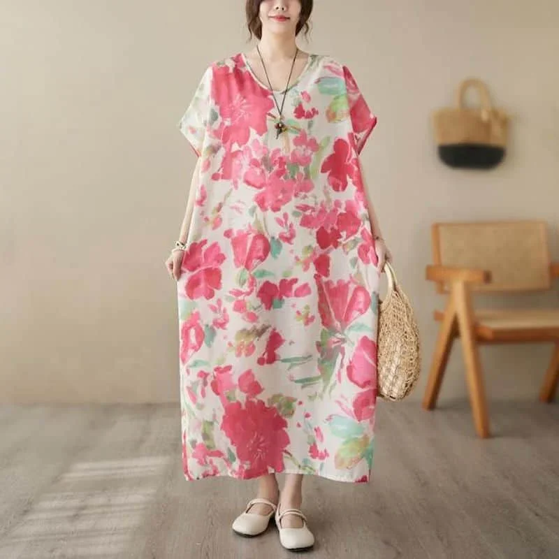 Vestidos literários vintage casual design floral manga curta solta o pescoço estilo coreano meados de bezerro vestido de verão para roupas femininas