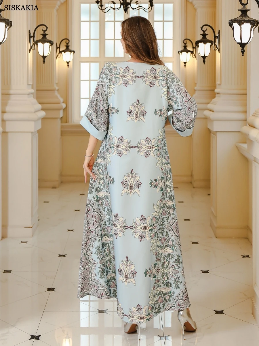 Siskakia Ramadan Dubai Abaya Luxury Floral Print For Muslim Women Round Neck Folds Sleeve Dress