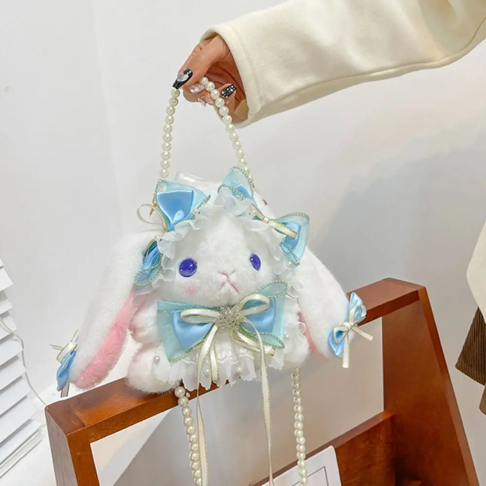 New Cute Bunny Plush Bag Lolita Element Shoulder Bag Kawaii Princess Sweet Pearl Chain Crossbody Bags Long-eared Rabbit Purse