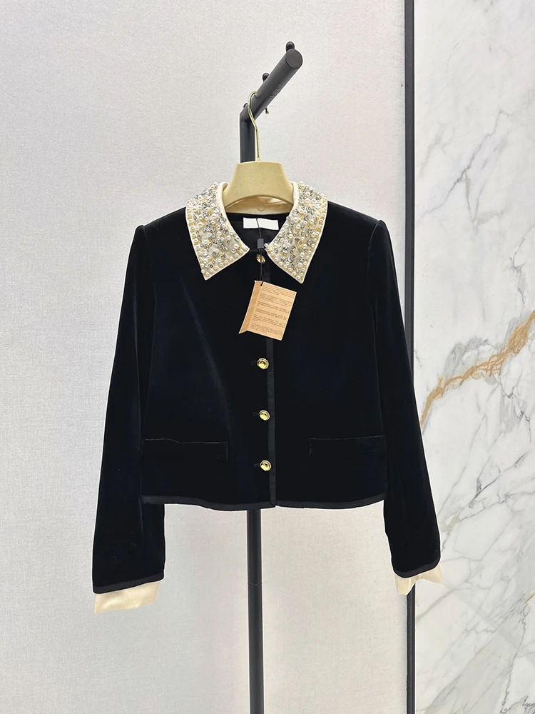 Spring Summer Fashion Black Goose Down Short Style Jacket Women's Gorgeous Complex Craft Diamond Beading Turn-down Collar Jacket