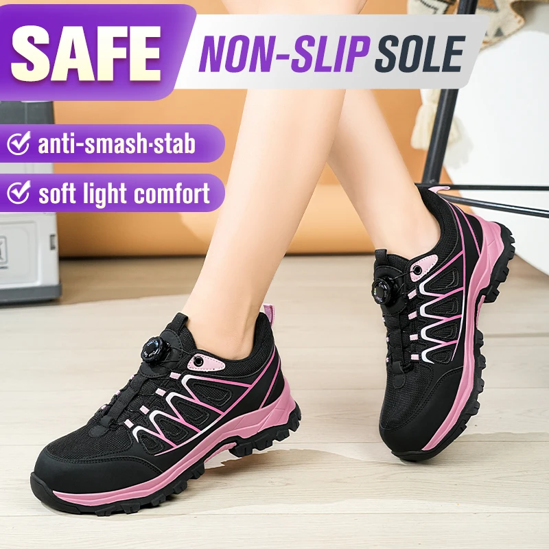 Steel Toe Safety Shoes Women Lightweight Breathable Rotating Button Anti-Puncture Anti-Smash Non Slip Industrial Work Boots