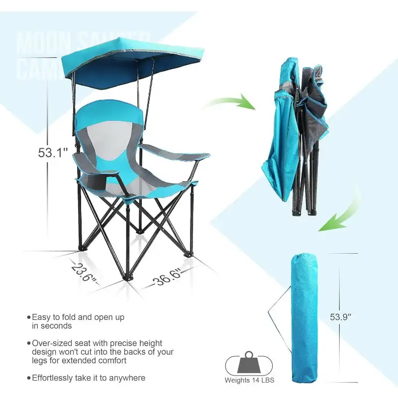 Heavy Duty Canopy Lounge Chair Sunshade Hiking Travel Chair with Cup Holder Enamel Blue