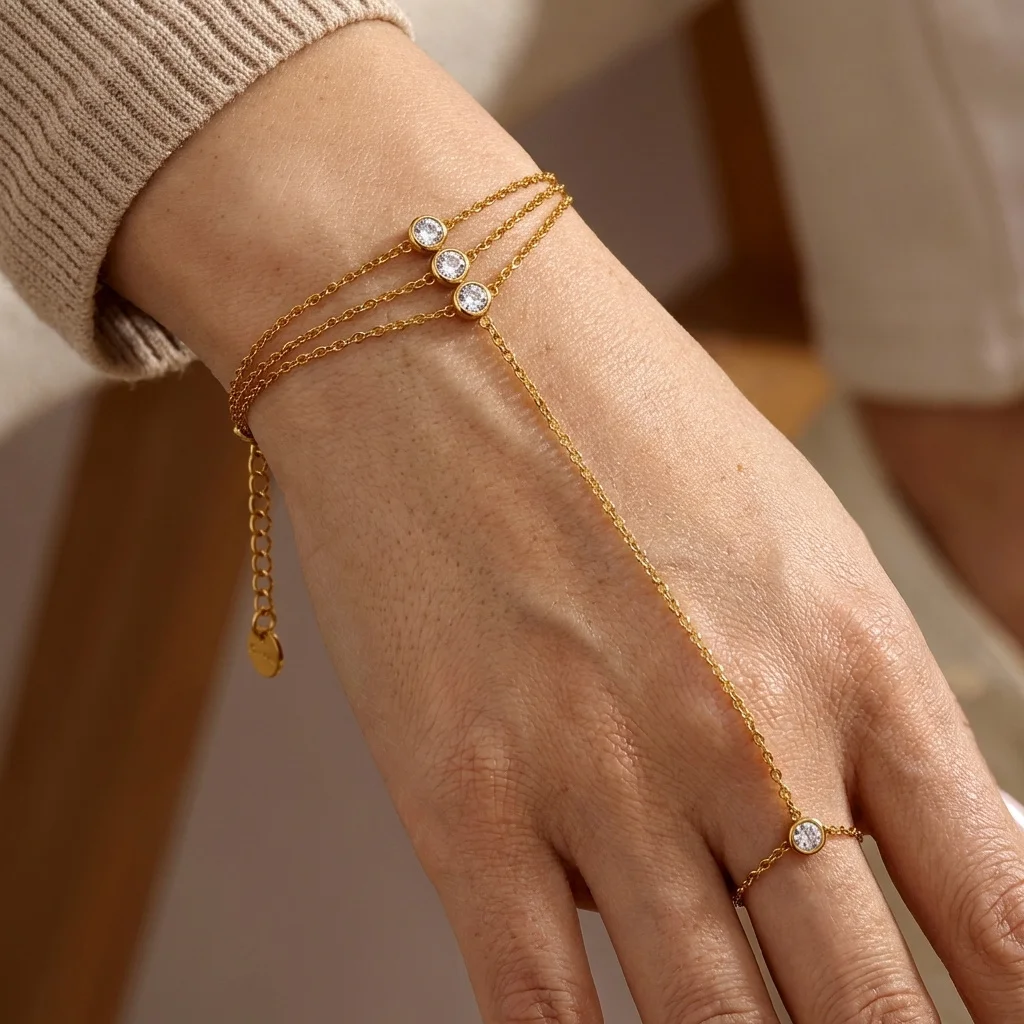 Minimalistisches CZ Edelstahl-Fingerarmband für Frauen Luxuriöse Braut Mehrlagige Handketten Party Hochzeit Schmuck Geschenk Wasserdicht – Detail 6
