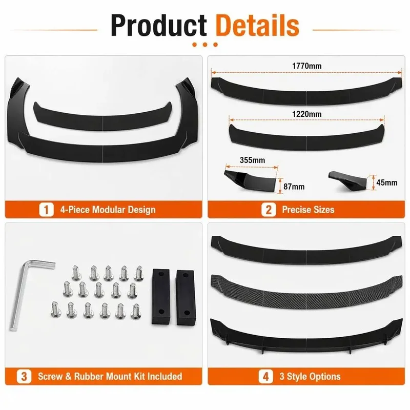 High Quality Glossy Black Carbon Fiber Front Bumper Chin Spoiler Body Kit 4PCS