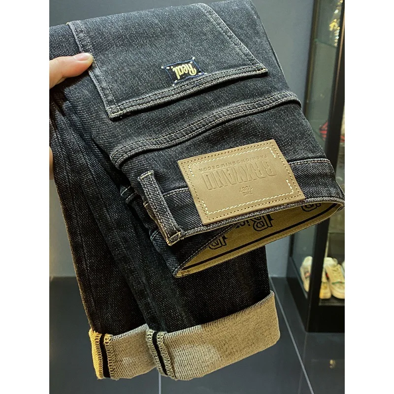 High-End Thickening Warm with Velvet Jeans Men's Skinny Ankle-Tied Trendy Winter New Casual Stretch Pants