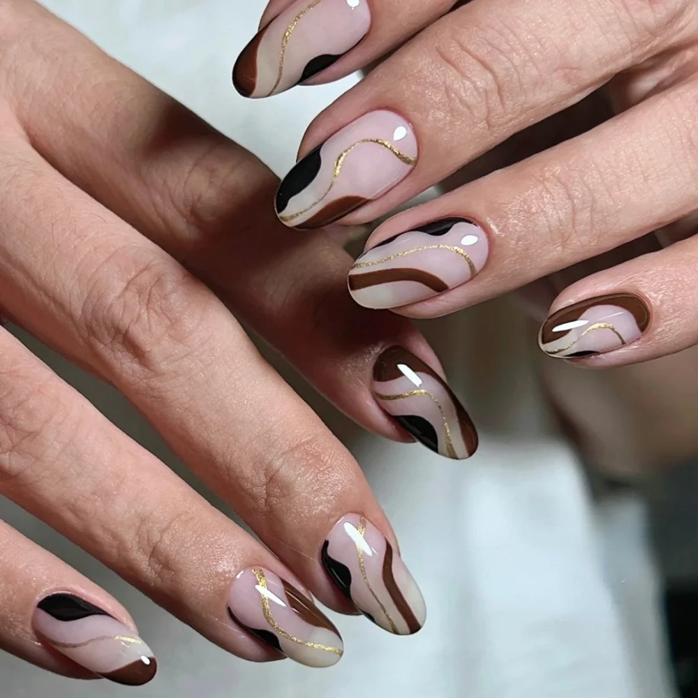 

10Pcs Handmade Manicure Medium French Almond Fake Nails Limited Nails Press On Nails Design with Adhesive Nail File Set