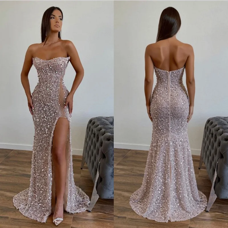 

Индивидуальное блестящее платье для выпускного вечера без бретелек с блестками и кристаллами, блестящее вечернее платье трапециевидной формы с разрезом спереди فساتين ال