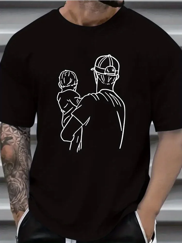 Mens Father Baby Line Art Print Short Sleeve Cotton T Shirt Casual Soft Loose Daily Street Summer Top Best Dad Gift Basic Tee