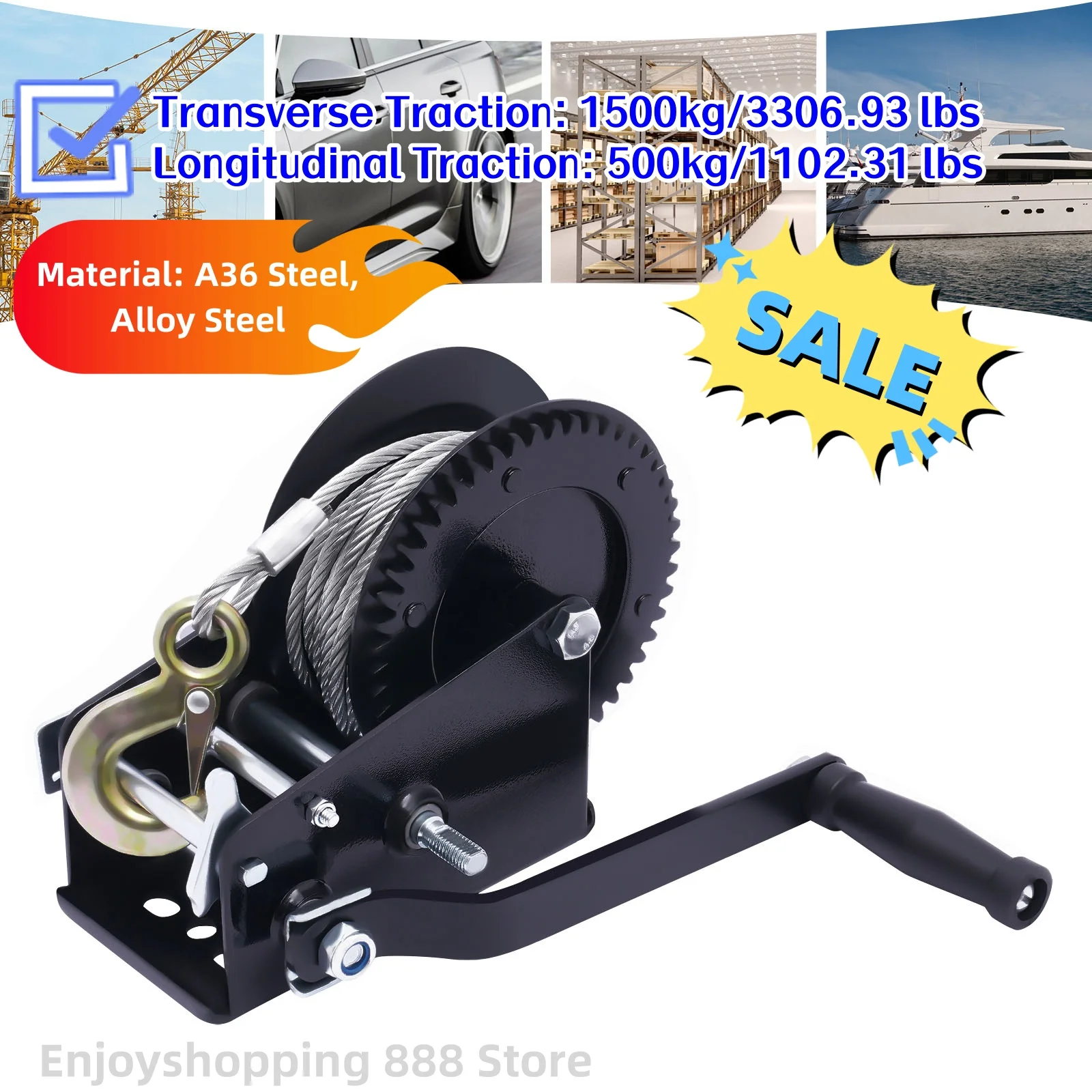 3306.93lbs Manual Winch Hand Crank Winch Boat Winch  With 32.81ft Cable 4:1/8:1