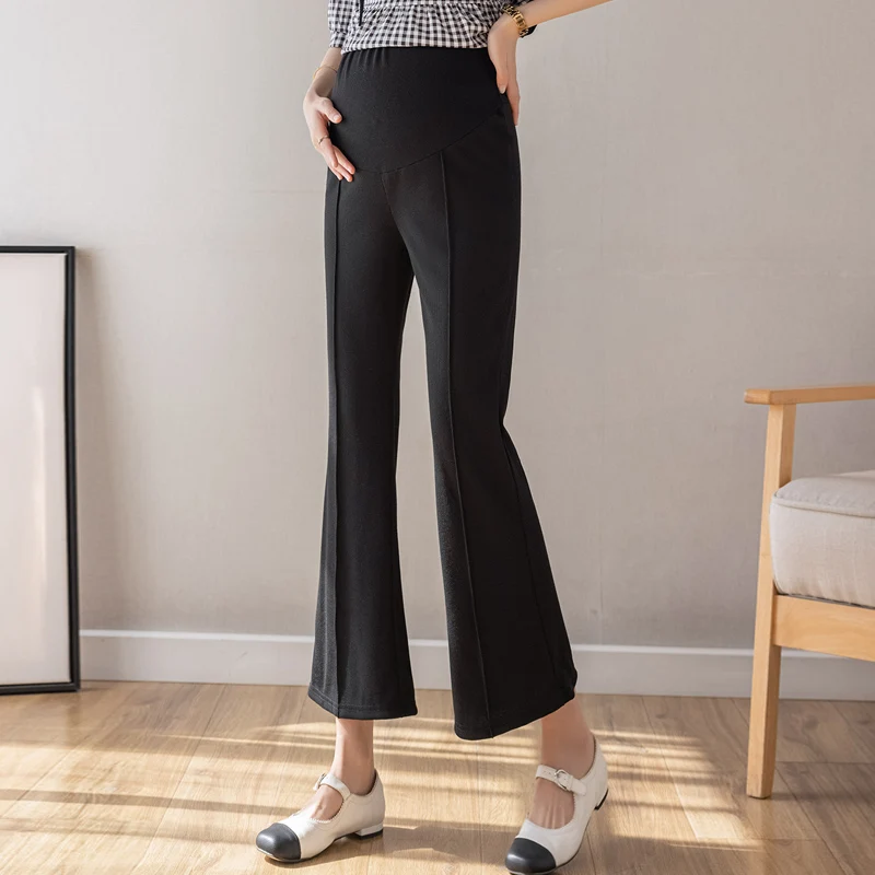 Black Grey High Waist Pregnant Women Trousers Summer Ankle-length Abdominal Flares Pants Front Split Maternity Boot Cut Culottes