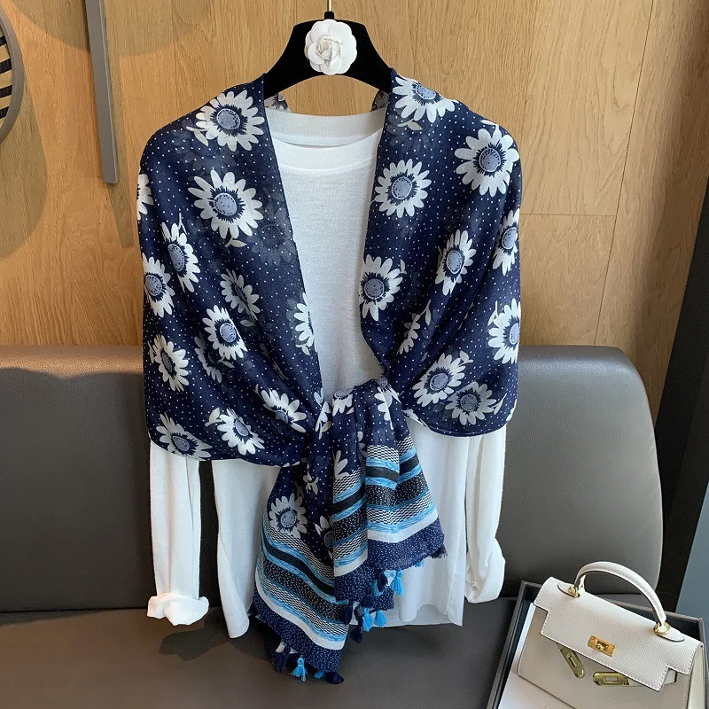 

Navy Blue Sunflower Print Cotton Viscose Shawls Scarf Lady High Quality Thin Wrap Beach Stole Bufandas Muslim Hijab 180*90Cm