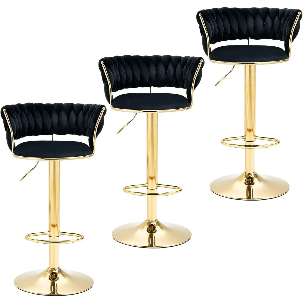 

Modern Velvet Bar Stools Set of 3- 360° Swivel Adjustable Barstools Bar Height Counter Height Kitchen Stools Bar Chairs