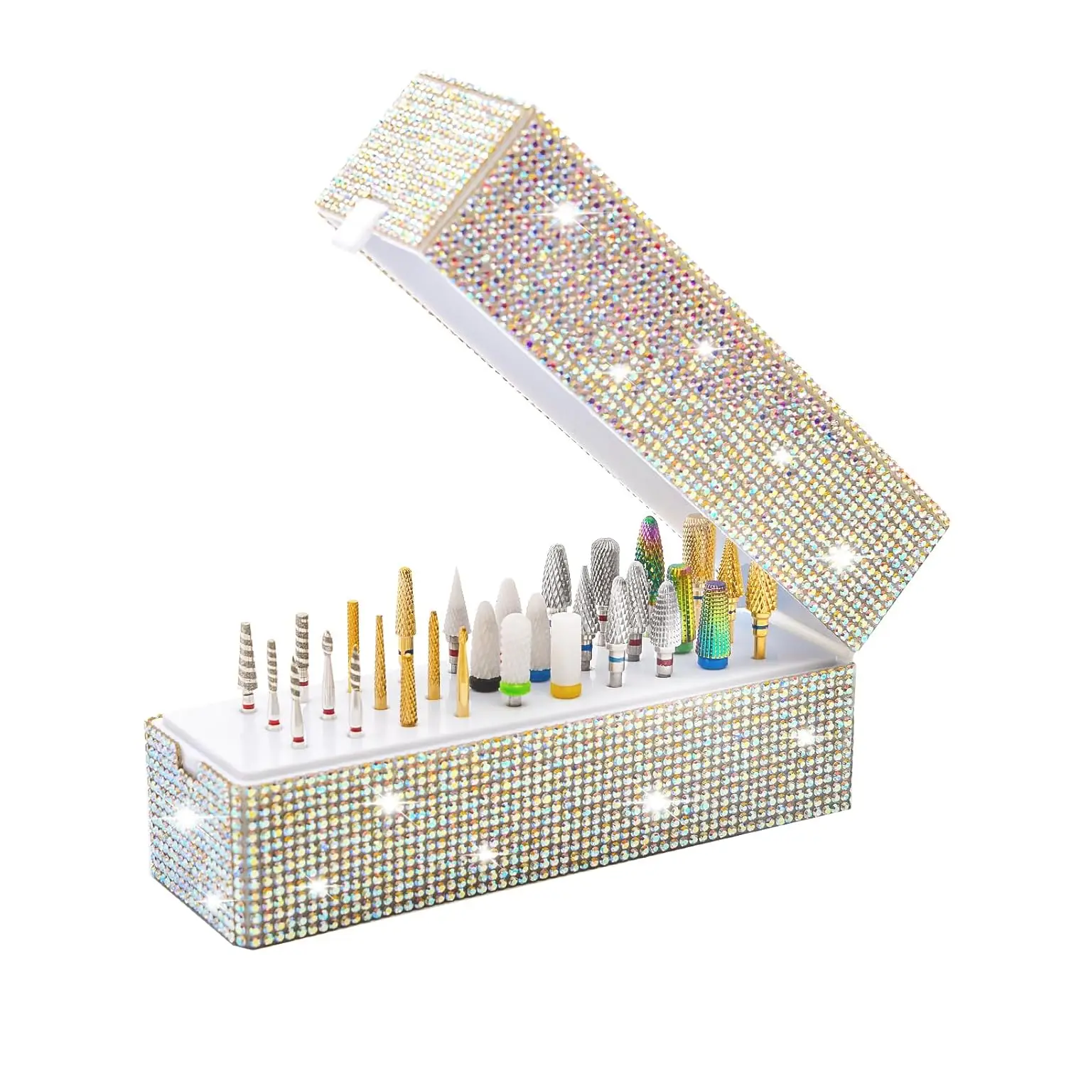 Nail Art Tools Holder 30 Holes with Fake Sparkly Diamond Nail Drill Bits Storage Box Nail Polishing Grinding Head Organizer Case