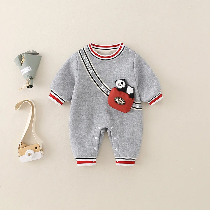 

UNITIM Newborn Boys Rompers Panda Applique Fleece Toddler Boys Jumpsuits Autumn Round Neck Kids Baby Girls Bodysuits Overalls