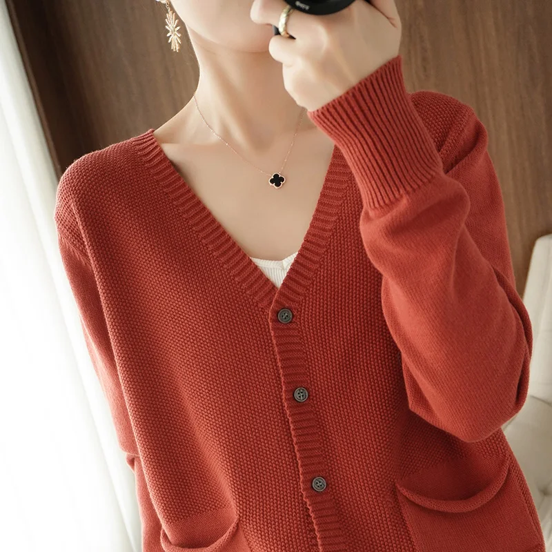 

Casual Loose Designed Outerwears Knitted Coats 100% Cotton Women V-Neck Cardigan with Pocket Causal Daily