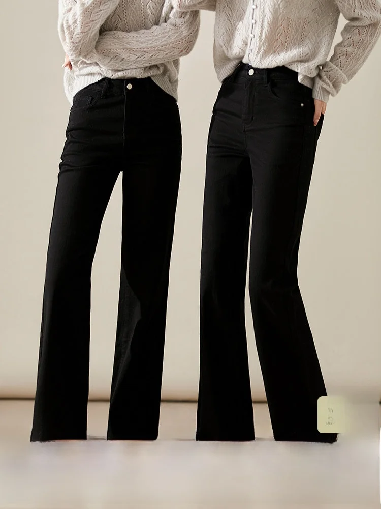 

Modern Large Lady Silk Denim Pants Women's Micro Flared Pants High Waist Cotton Zipper Deep Color Xhange Qipao Brand