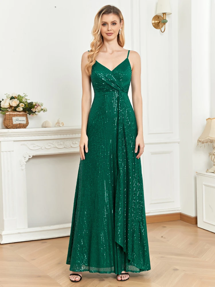 

XUIBOL Elegant Suspenders V-Neck Evening Dress 2024 Women Sexy Wedding Party Sequins Long DressFor Formal Guests Green Prom