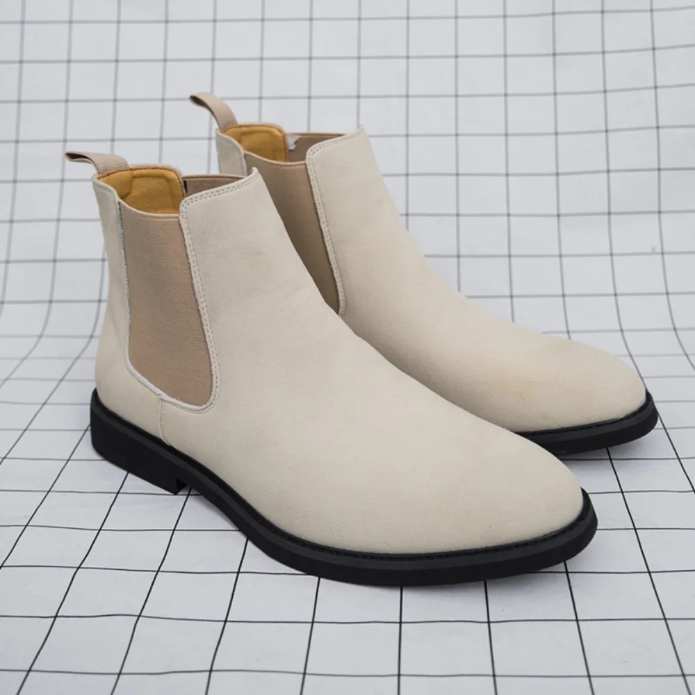 Men Beige SuedeChelseaAnkleBootsElasticSidePanelSlipOnLow Flat Heel Vintage Casual Business Daily Outdoor Fashion Dress Footwear