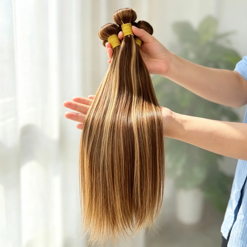 Highlight Bundles Human Hair 100% P4-27 Straight Human Hair Bundles And Weaves 12-26 Inch Braizilian Hair Bundles Deals 1/3/4 Pcs Honey Blonde Ombre Human Hair Bundles Colored Hair Extensions No Shedding Good Quality Fast Shipping ALIANNA Hair Bundles