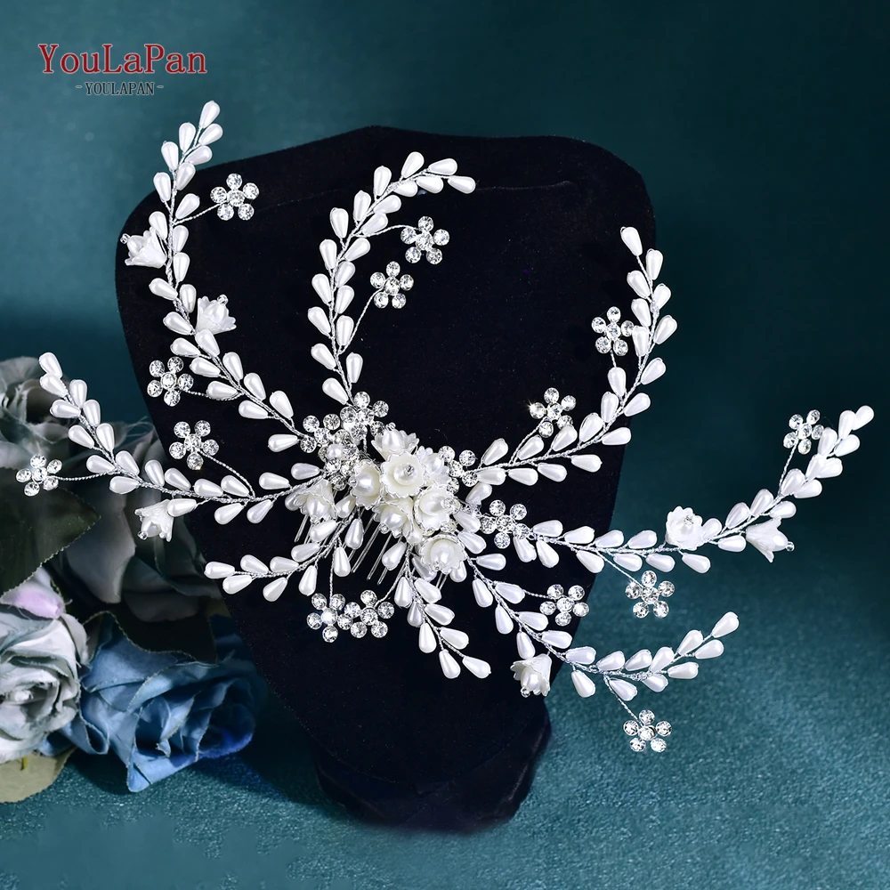 TOPQUEEN Wedding Pearl Flower Headband Silver Color Rhinestone Flower Hair Comb Bride Hair Style Side Comb Accessories HP830