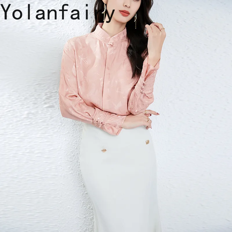 YOLANFAIRY 라이트 럭셔리 100% 멀 베리 실크 셔츠 여성 봄 우아한 2025 긴 소매 셔츠 탑 핑크 셔츠 여성 의류