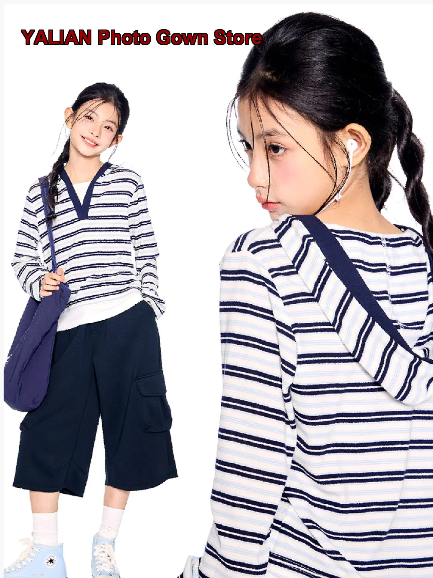 Girls V-Neck Two-Piece Look Striped Long Sleeves Knit Top Hooded Design Sense Base Layer Top Older Kids